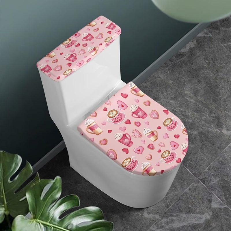 CREAMIC Pink Heart Coffee Toilet Lid Tank Cover for Bathroom with Elastic Bottoms 2Pcs Toilet Seat Cover and Tank Lid Covers Stretch for Home Bathroom Decoration Accessories Decor - Image 2